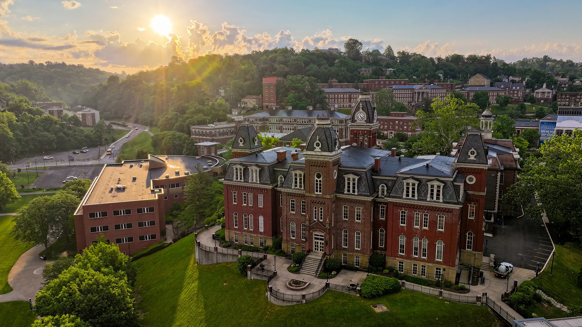 An aerial view of Woodburn Hall at sunrise