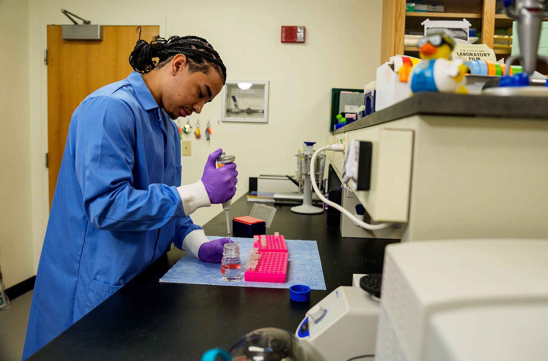 A student pipetting samples in a research lab
