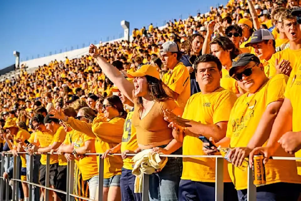 People in a crowded section of the football stadium cheer enthusiastically. All are wearing gold shirts for the Gold Rush game.